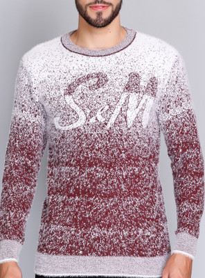eWools Printed Round Neck Party Men Maroon Sweater