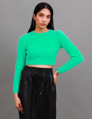 Nobarr Solid Round Neck Casual Women Green Sweater