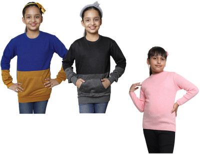 KAVYA Solid, Colorblock Round Neck Casual Girls Multicolor Sweater