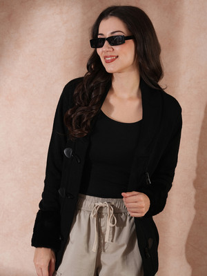 Globus Solid Collared Neck Casual Women Black Sweater