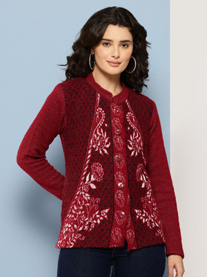 MUHURATAM Self Design Round Neck Casual Women Maroon Sweater