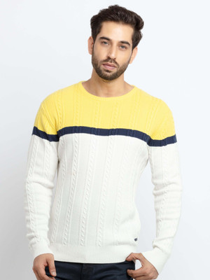 Status Quo Colorblock, Woven Round Neck Casual Men Yellow Sweater