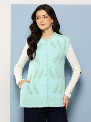 Aarika Embellished, Self Design Round Neck Casual Women Light Green Sweater