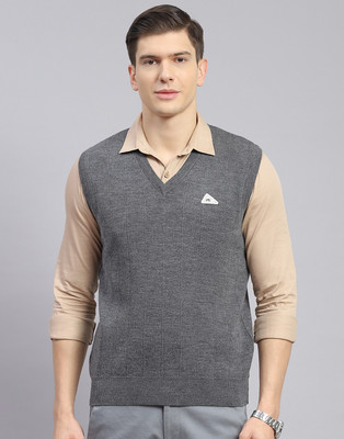 MONTE CARLO Solid V Neck Casual Men Grey Sweater