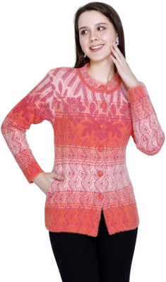 HITTIKA Self Design V Neck Casual Women Orange Sweater