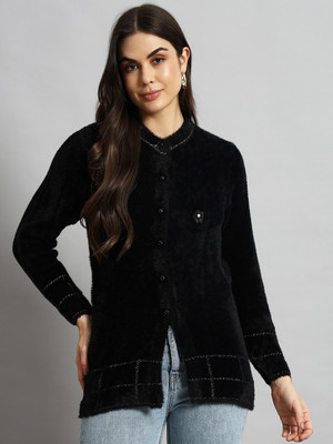 eWools Self Design V Neck Casual Women Black Sweater