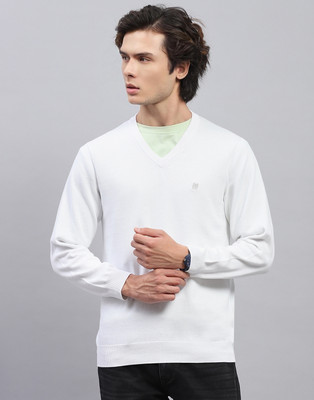 MONTE CARLO Solid V Neck Casual Men White Sweater