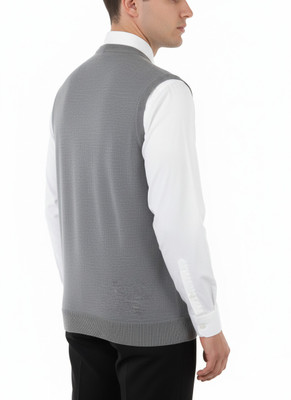 VOMAZO Solid Round Neck Formal Men Grey Sweater