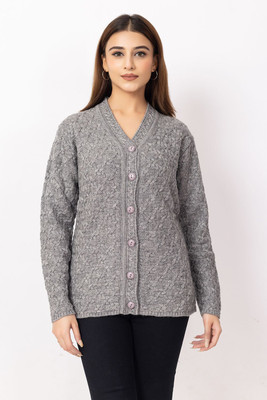 Dodge Self Design V Neck Casual Women Grey Sweater