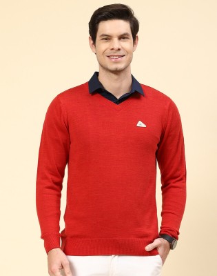 MONTE CARLO Solid V Neck Casual Men Red Sweater