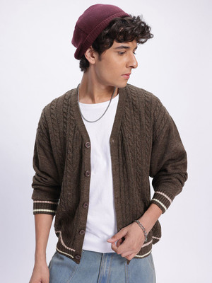 Glitchez Self Design V Neck Casual Men Brown Sweater
