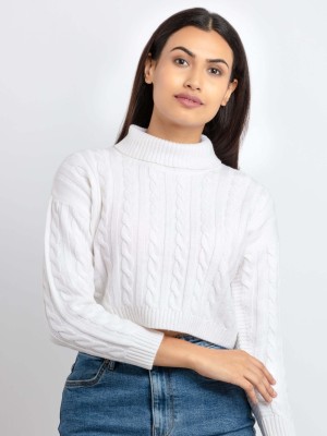 Status Quo Solid High Neck Casual Women White Sweater