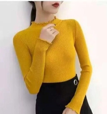 Clothy Solid High Neck Casual Women Yellow Sweater