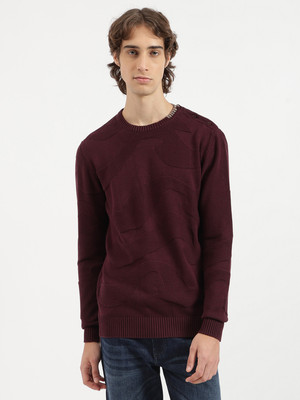 United Colors of Benetton Self Design Round Neck Casual Men Maroon Sweater
