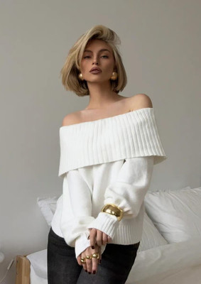 LULU & SKY Solid Off Shoulder Casual Women White Sweater