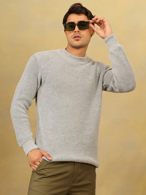 KVETOO Self Design High Neck Casual Men Grey Sweater