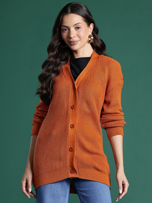 Dressberry Colorblock V Neck Casual Women Orange Sweater