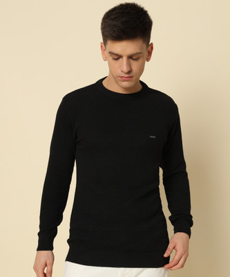 HELL BOUND Solid Round Neck Casual Men Black Sweater