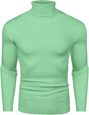 Clothify Solid High Neck Casual Men Light Green Sweater