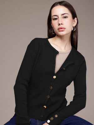 French Connection Polka Print Round Neck Casual Women Black Sweater