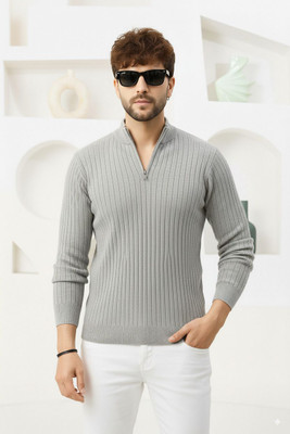 Pivl Striped High Neck Casual Men Grey Sweater