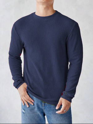 trendbite Striped Round Neck Party Men Dark Blue Sweater