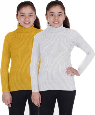 100LUCK Self Design High Neck Casual Boys & Girls White, Yellow Sweater