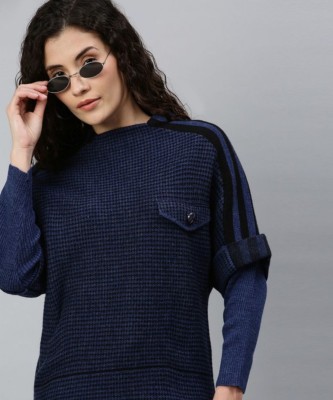 CAMPUS SUTRA Self Design Round Neck Casual Women Dark Blue Sweater