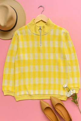 Austivo Printed High Neck Casual Women Yellow Sweater