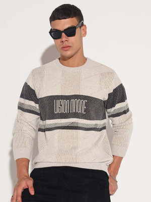 SHOWOFFFF Colorblock Round Neck Casual Men Beige, Grey Sweater
