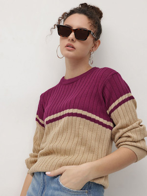 Roadster Colorblock Round Neck Casual Women Brown Sweater