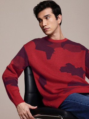 French Connection Self Design Round Neck Casual Men Red Sweater