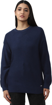 VAN HEUSEN Solid Round Neck Casual Women Dark Blue Sweater