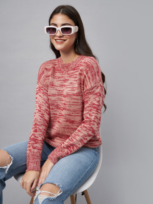Club York Self Design Round Neck Casual Women Pink Sweater