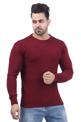 FEVERFEW Self Design Round Neck Casual Men Maroon Sweater