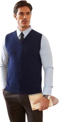 DAILYDUDE Solid V Neck Casual Men Dark Blue Sweater
