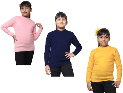 KAVYA Solid Round Neck Casual Baby Girls Pink, Dark Blue, Yellow Sweater