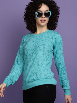V-MART Printed Round Neck Casual Women Blue Sweater