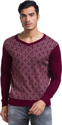PARX Printed V Neck Casual Men Maroon Sweater