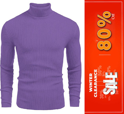 Cat Bunny Self Design High Neck Casual Men Purple Sweater