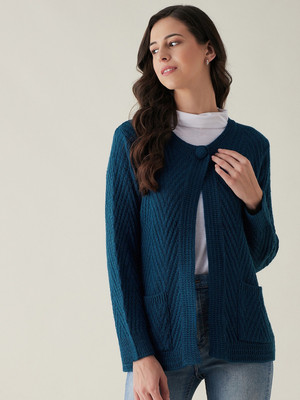 Rivza Self Design V Neck Casual Women Blue Sweater