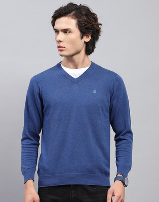 MONTE CARLO Solid V Neck Casual Men Blue Sweater