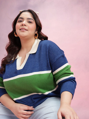 DressBerry Curve Colorblock Mandarin Neck Casual Women Blue Sweater