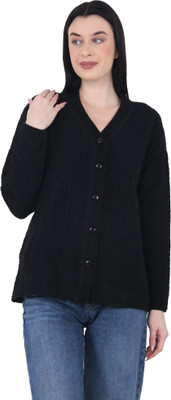 HITTIKA Self Design V Neck Casual Women Black Sweater