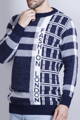 eWools Checkered Round Neck Casual Men Dark Blue Sweater