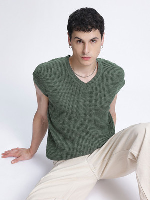 Glitchez Self Design V Neck Casual Men Green Sweater
