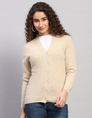MONTE CARLO Solid V Neck Casual Women Brown Sweater