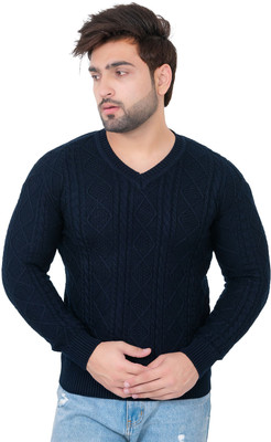 Dartline Solid Round Neck Party Men Dark Blue Sweater