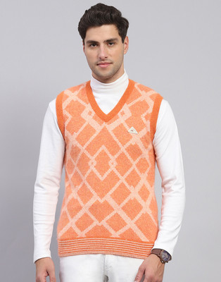 MONTE CARLO Self Design V Neck Casual Men Orange Sweater