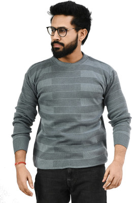 Life and style Self Design Round Neck Casual Men Grey Sweater